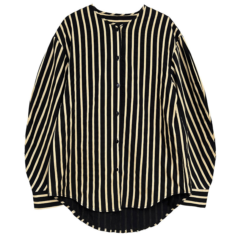 O-neck Striped Shirts Tops Women Single Breasted Long Sleeve