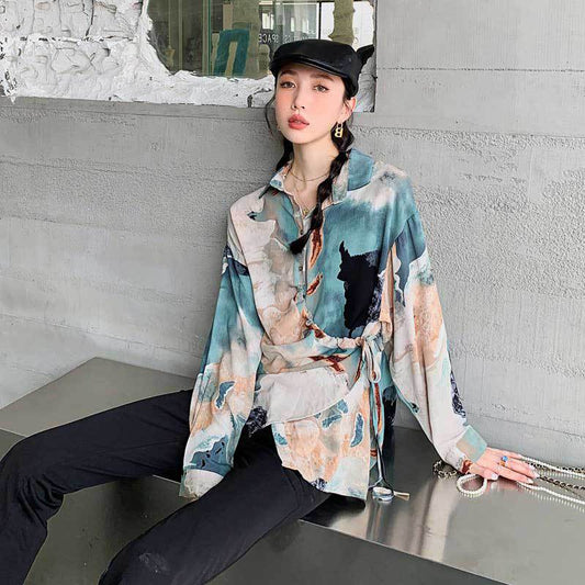 Printing Shirts for Women New Fashion Vintage Long Sleeve Blouses Asymmetrical Lace Up Button Down Casual Tops