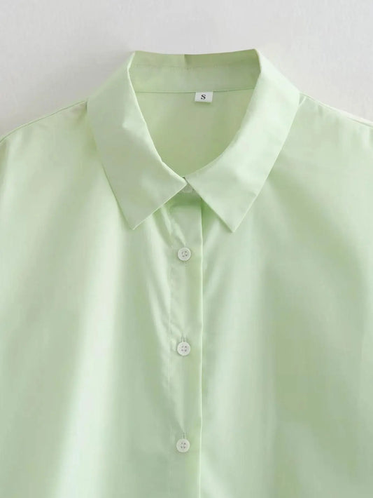 Women Green Loose Shirts Long Sleeve Single Breasted Side Drawstring Long Tops Blouses