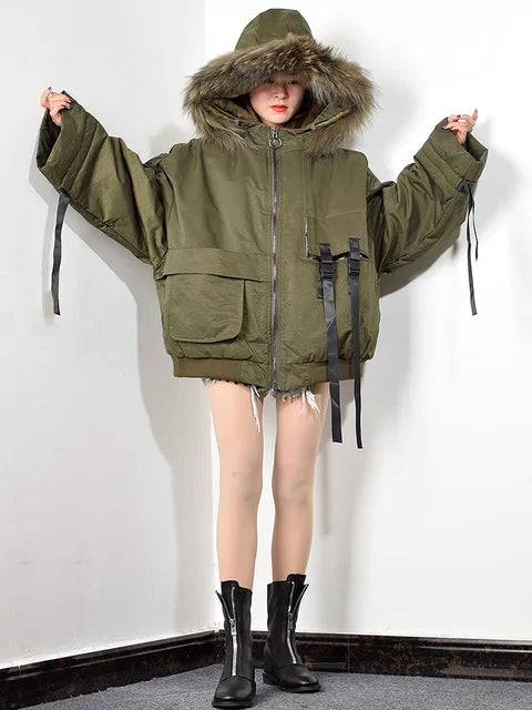 Korean Style Winter Coat Women Ribbon Pocket Short Parka Trend Hooded Zipper Tops Loose Women Clothes