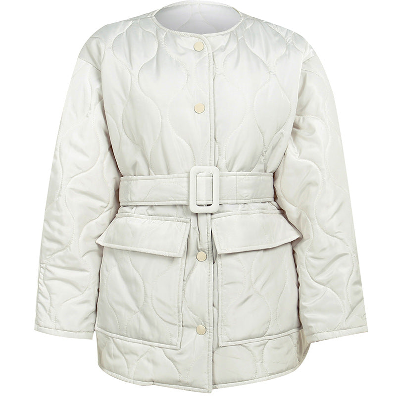Casual Jacket Women Winter Heart Ridge Round Neck Textured Straps Loose Thickened Warm Cotton Clothes