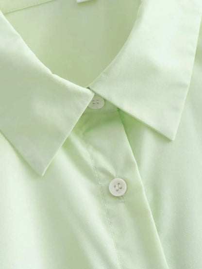 Women Green Loose Shirts Long Sleeve Single Breasted Side Drawstring Long Tops Blouses