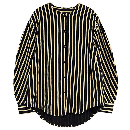 O-neck Striped Shirts Tops Women Single Breasted Long Sleeve