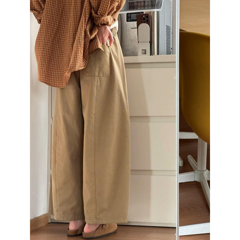 Khaki wide-leg 9/10 pants for women, spring style, plus size, relaxed fit, casual and versatile pants