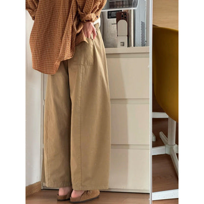 Khaki wide-leg 9/10 pants for women, spring style, plus size, relaxed fit, casual and versatile pants