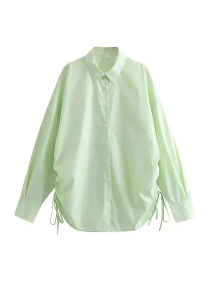 Women Green Loose Shirts Long Sleeve Single Breasted Side Drawstring Long Tops Blouses