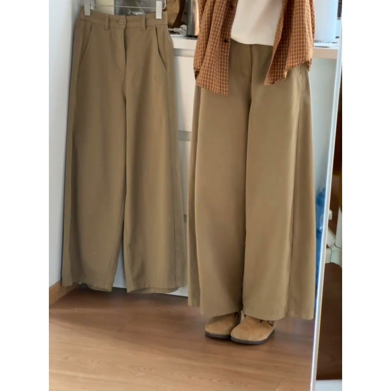 Khaki wide-leg 9/10 pants for women, spring style, plus size, relaxed fit, casual and versatile pants