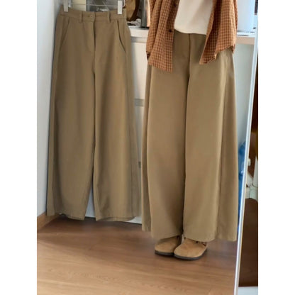 Khaki wide-leg 9/10 pants for women, spring style, plus size, relaxed fit, casual and versatile pants