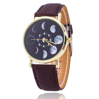 Ladies Moon Watch - Galaxy Planet Quartz Leather Band