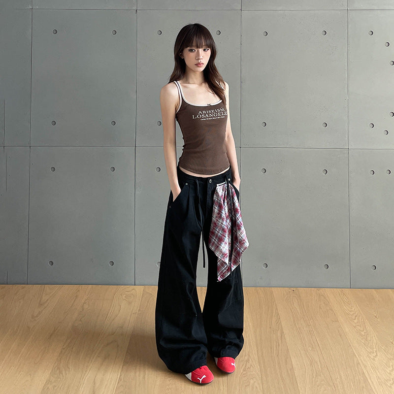 Checkered scarf patchwork design denim pants street loose  vintage pleated long pants
