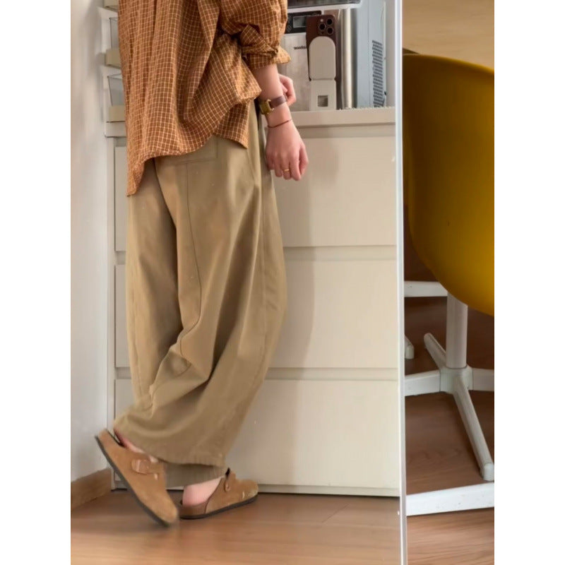 Khaki wide-leg 9/10 pants for women, spring style, plus size, relaxed fit, casual and versatile pants