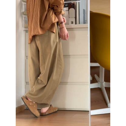 Khaki wide-leg 9/10 pants for women, spring style, plus size, relaxed fit, casual and versatile pants