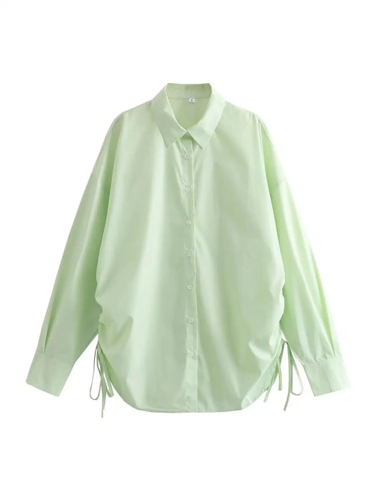 Women Green Loose Shirts Long Sleeve Single Breasted Side Drawstring Long Tops Blouses