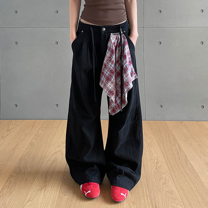 Checkered scarf patchwork design denim pants street loose  vintage pleated long pants