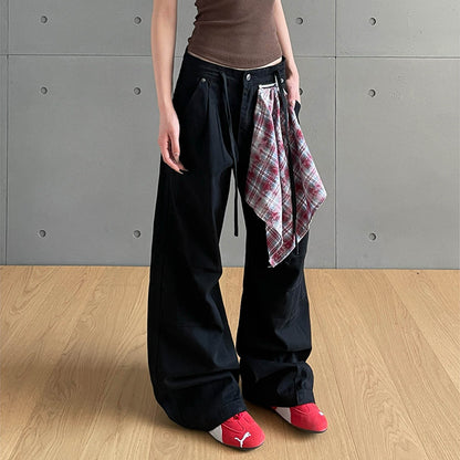 Checkered scarf patchwork design denim pants street loose  vintage pleated long pants