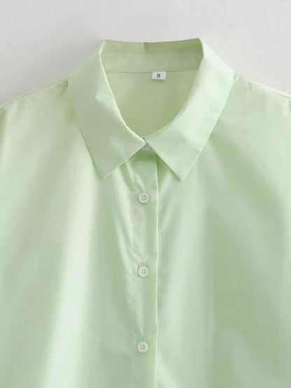 Women Green Loose Shirts Long Sleeve Single Breasted Side Drawstring Long Tops Blouses