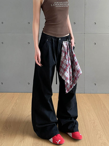 Checkered scarf patchwork design denim pants street loose  vintage pleated long pants