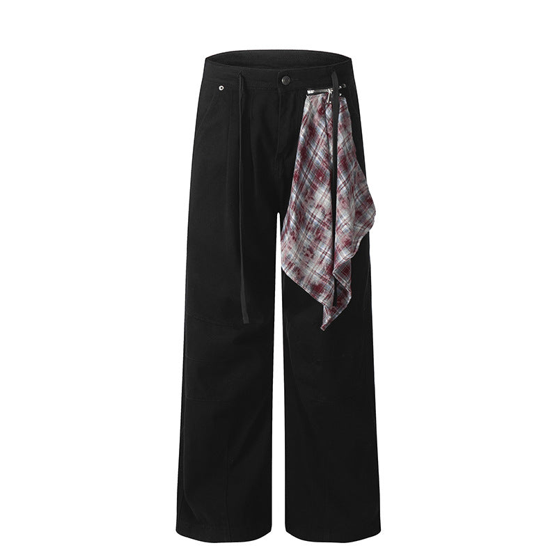 Checkered scarf patchwork design denim pants street loose  vintage pleated long pants