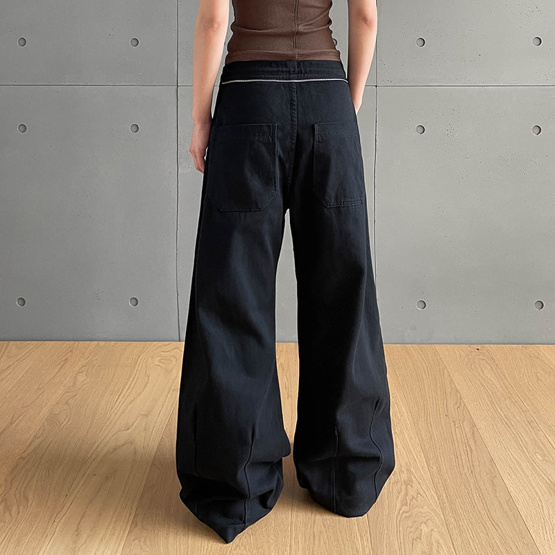 Checkered scarf patchwork design denim pants street loose  vintage pleated long pants