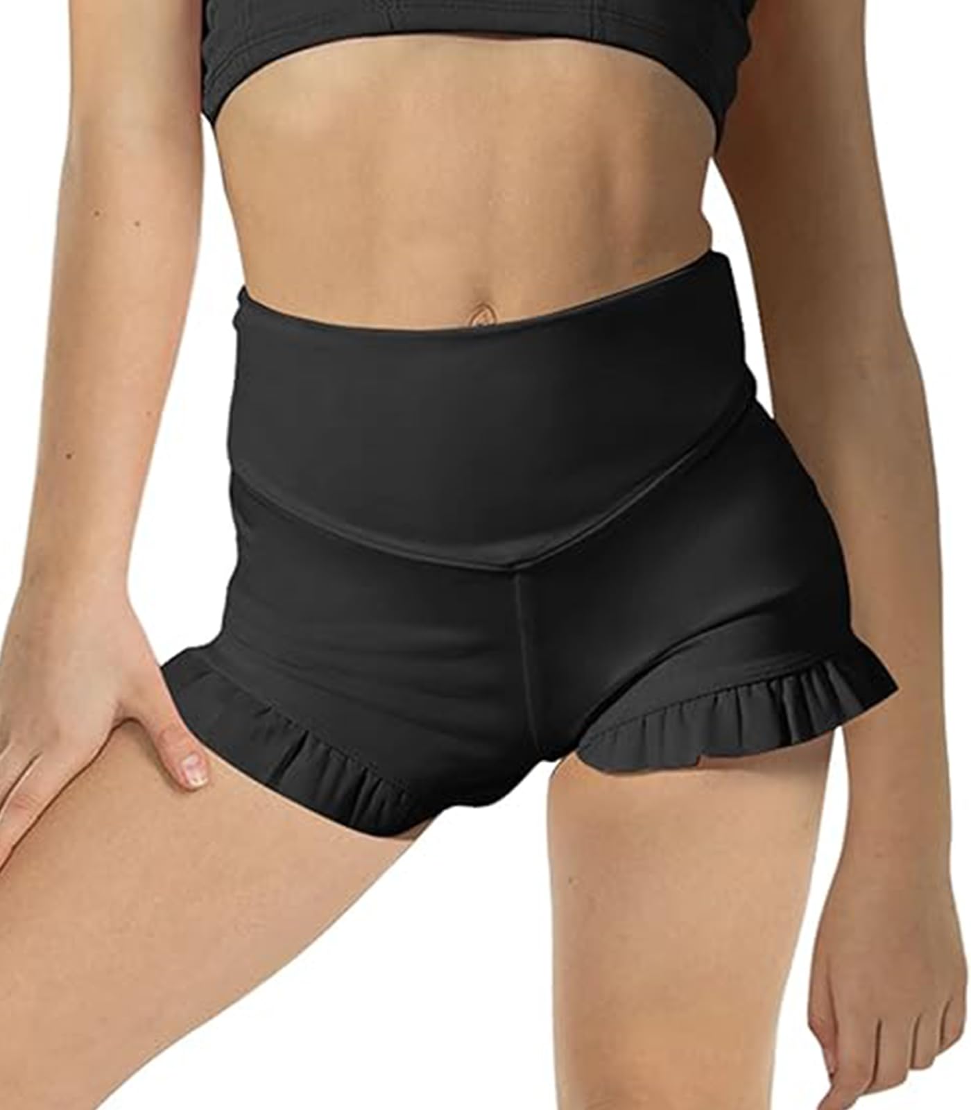 Girls Athletic Shorts High Waisted Ruffle Dance Shorts Yoga Workout Running Shorts Black